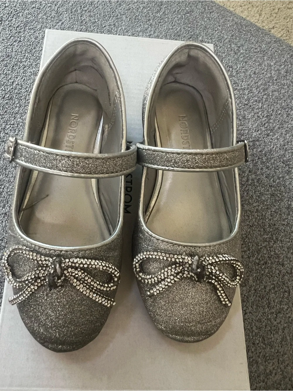 Nordstrom Silver Glitter Mary Jane Shoes with Crystal Bow